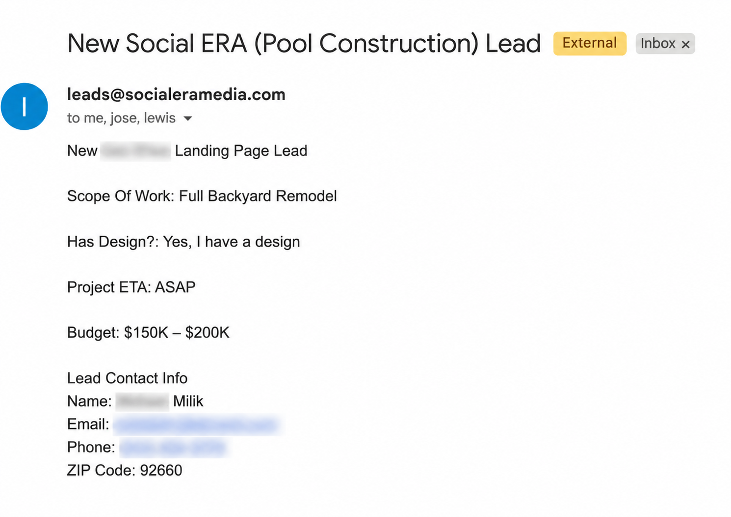 Real lead notification email from a landing page